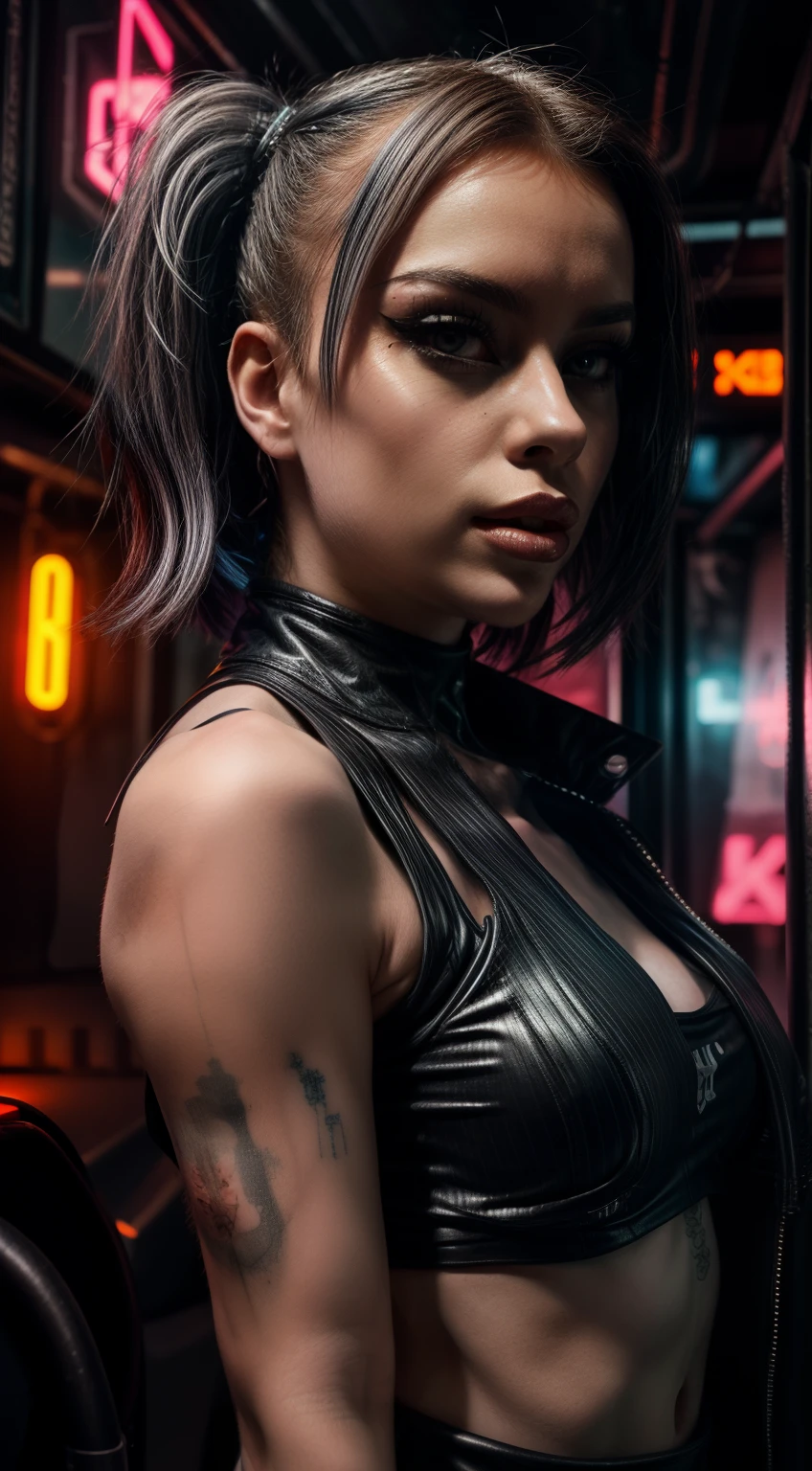 ((hyper réalisme)), réalisme photographique , emmanorts en solo 1 fille cyberpunk, dans une ambiance cyberpunk