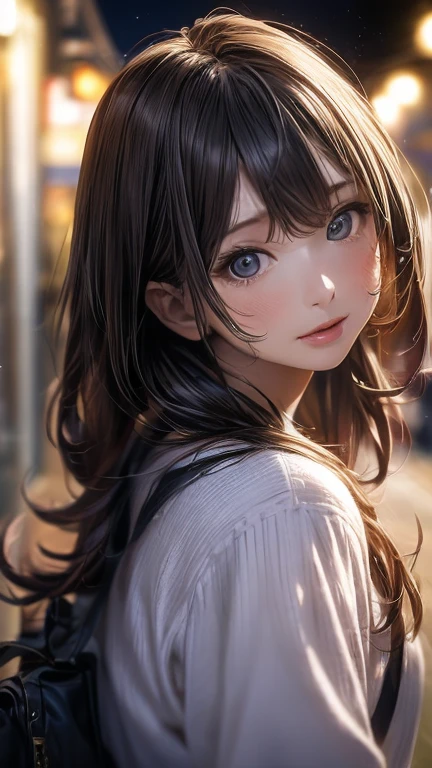 ((masterpiece, In 8K, High resolution, realistic)), (masterpiece, side light, fine and beautiful eyes: 1.2), Distant view, Anime style, 1woman, anime characters in a scene with a sky background, your name movie style, Stills in TV anime, yourname, Night sky, starry night, moonlit night,　(((looking away from camera))), (((Looking up at the night sky))), Calm, Soft dramatic lighting, depth of fields, Bokeh, vibrant detail, hyper realistic