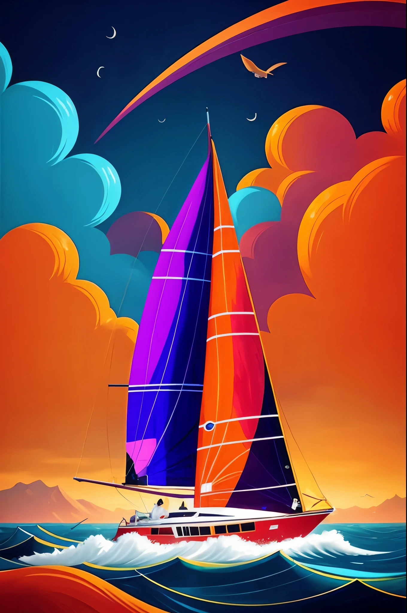 beautiful sunset colors, realistic waves, tranquil atmosphere, skilled brushwork, vibrant and vivid colors, calm and serene ocean.

masterpiece,sharp focus, highly detail, intricate detail on the sailing boat,
