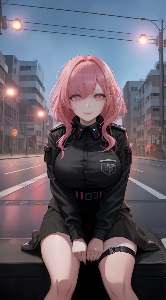 A woman with pink hair and a black blouse sits on the city street，traffic lights in the background, germ of art, shining eyes,anime art, cyberpunk art, photorealism, 1 girl, bangs, big breasts , Skyscraper, alone, tank_superior