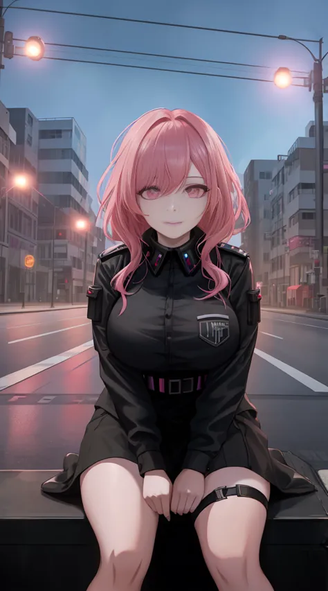 A woman with pink hair and a black blouse sits on the city street，traffic lights in the background, germ of art, shining eyes,an...