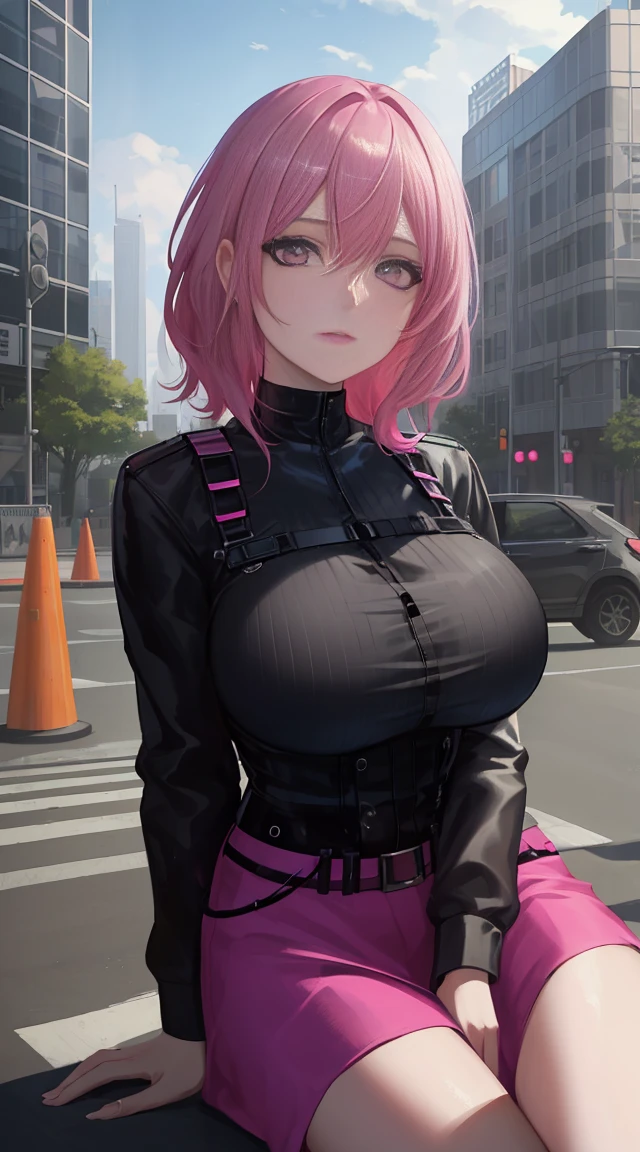 A woman with pink hair and a black blouse sits on the city street，traffic lights in the background, germ of art, shining eyes,anime art, cyberpunk art, photorealism, 1 girl, bangs, big breasts , Skyscraper, alone, tank_superior