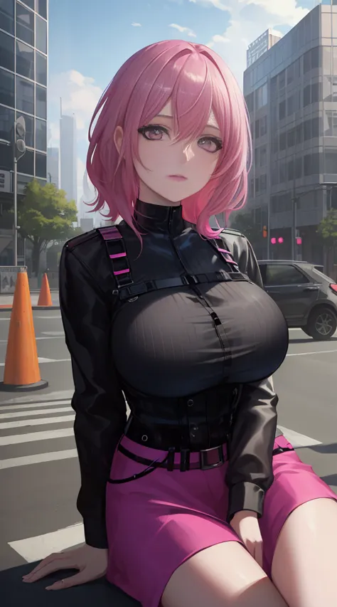 A woman with pink hair and a black blouse sits on the city street，traffic lights in the background, germ of art, shining eyes,an...