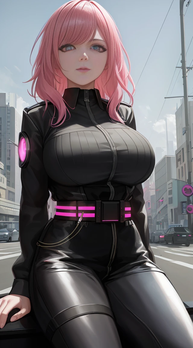 Una mujer con cabello rosado y blusa negra se sienta en la calle de la ciudad，Semáforos al fondo, germen de arte, Ojos brillantes,arte animado, arte ciberpunk, photorealism, 1 chica, Golpes, pechos grandes , rascacielos, alone, tanque_superior