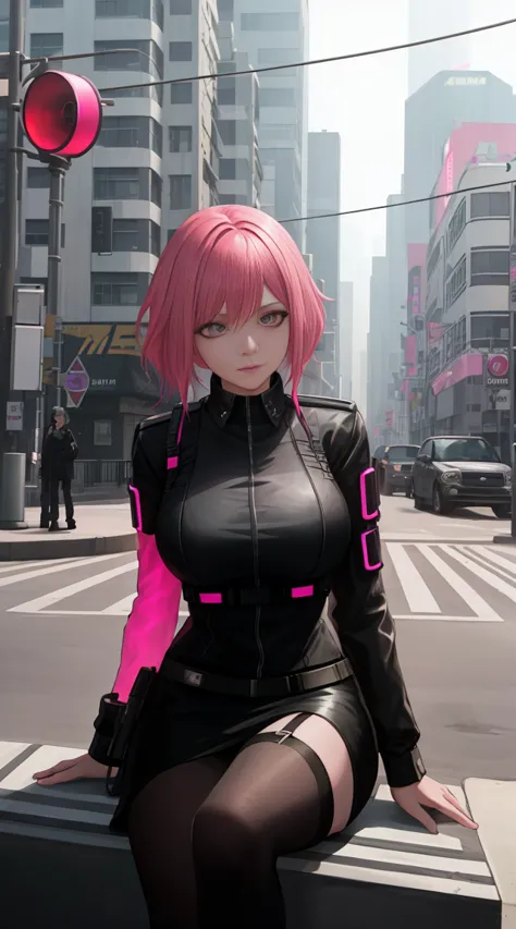 A woman with pink hair and a black blouse sits on the city street，traffic lights in the background, germ of art, shining eyes,an...