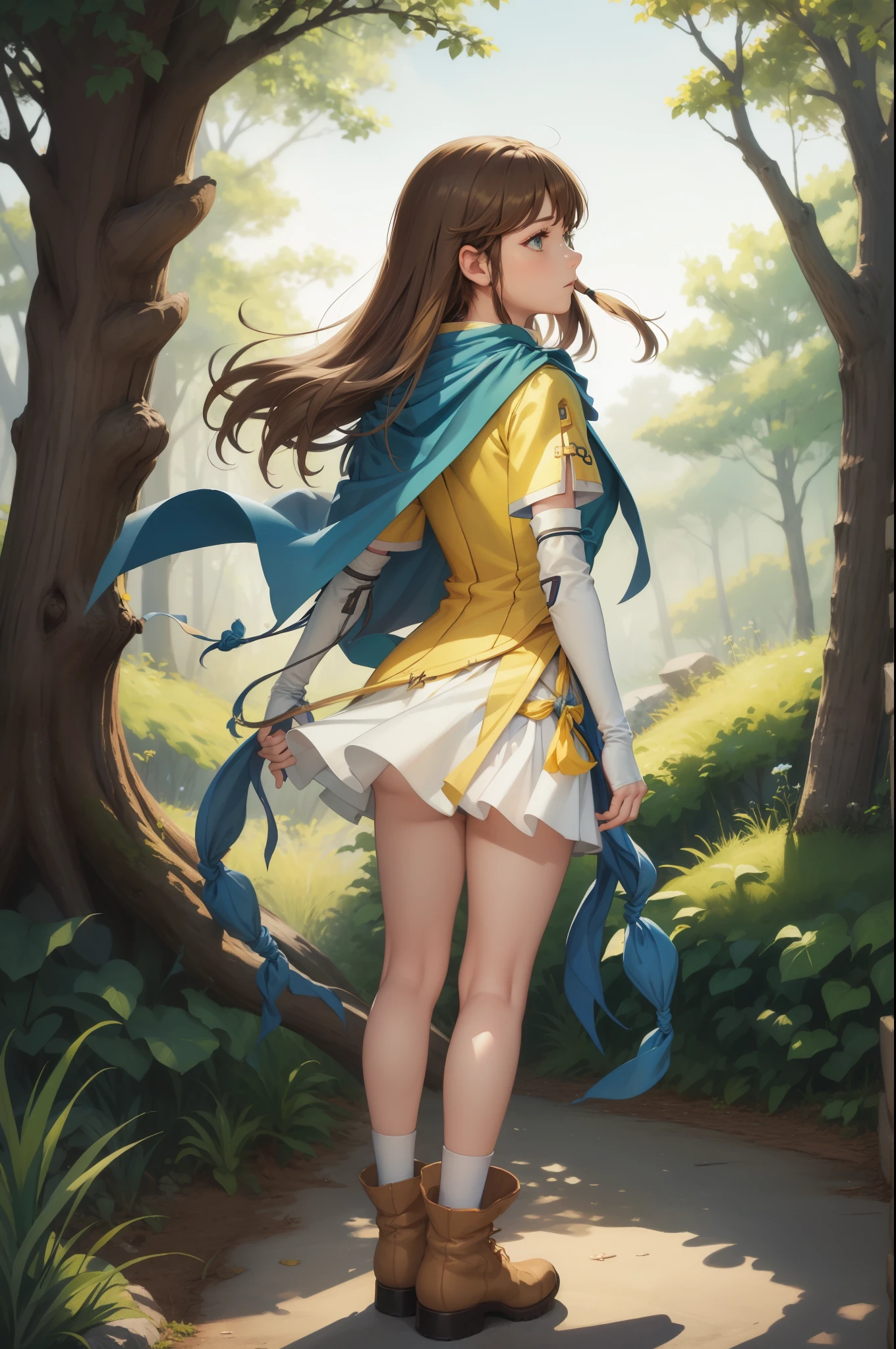 masterpiece, best quality, feMist, blue capelet, yellow shirt, pleated skirt, arm warmers, white socks, boots, standing, from behind, looking to the side, forest, night 