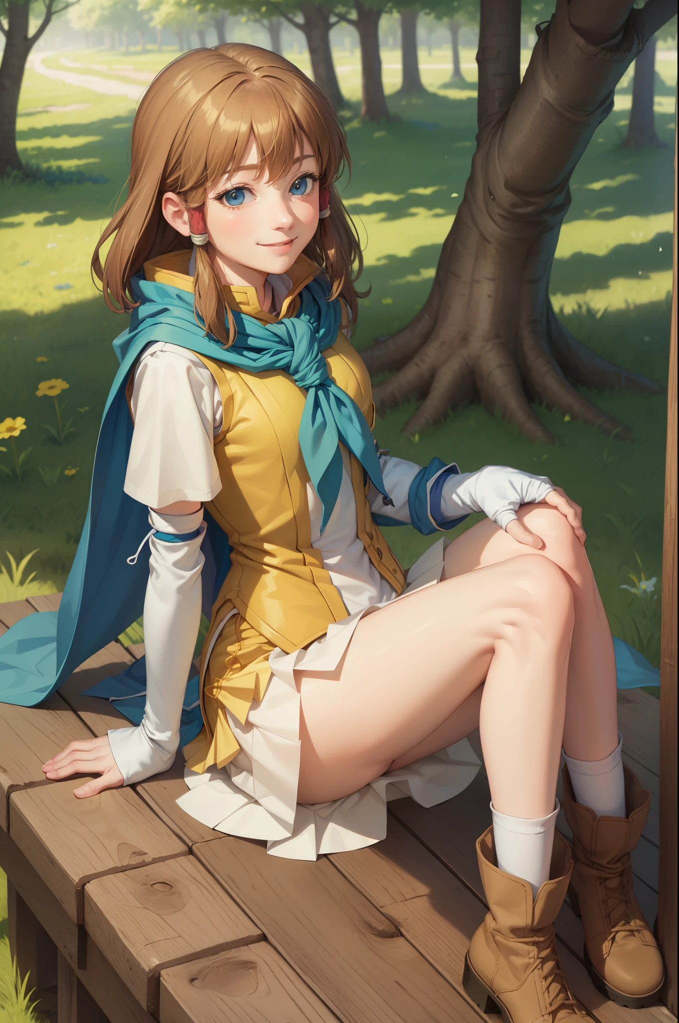 masterpiece, best quality, feMist, blue capelet, yellow shirt, pleated skirt, arm warmers, white socks, boots, sitting, village, trees, smile 