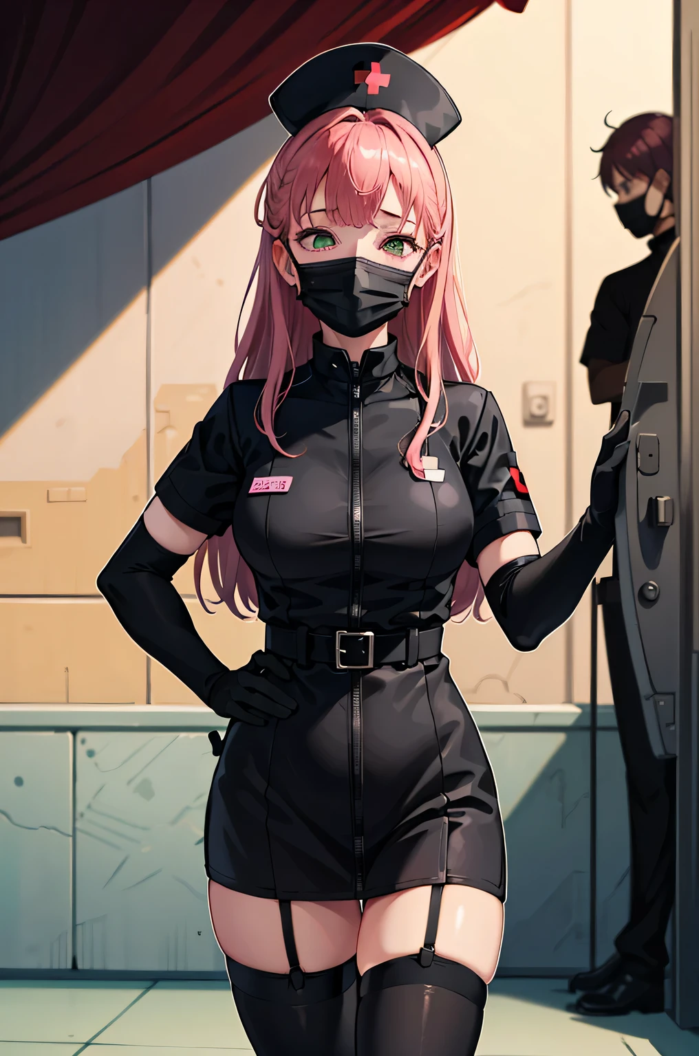 black nurse, 1 girl, alone, black nurse cap, Black nurse uniform, ((black legwear, zettai ryouiki)), black elbow gloves, pink hair, green eyes, droopy eyes, ((Black surgical mask, Covered nose)), Are standing, ((operating room)), sharp outline, short sleeve, highest quality, masterpiece