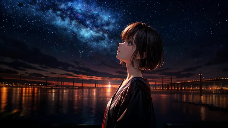 ((masterpiece, In 8K, High resolution, realistic)), (masterpiece, side light, fine and beautiful eyes: 1.2), ((Distant view)), Anime style, 1woman, anime characters in a scene with a sky background, your name movie style, Stills in TV anime, yourname, Night sky, starry night, moonlit night, (((looking away from camera))), (((Looking up at the night sky))), Calm, Soft dramatic lighting, depth of fields, Bokeh, vibrant detail, hyper realistic