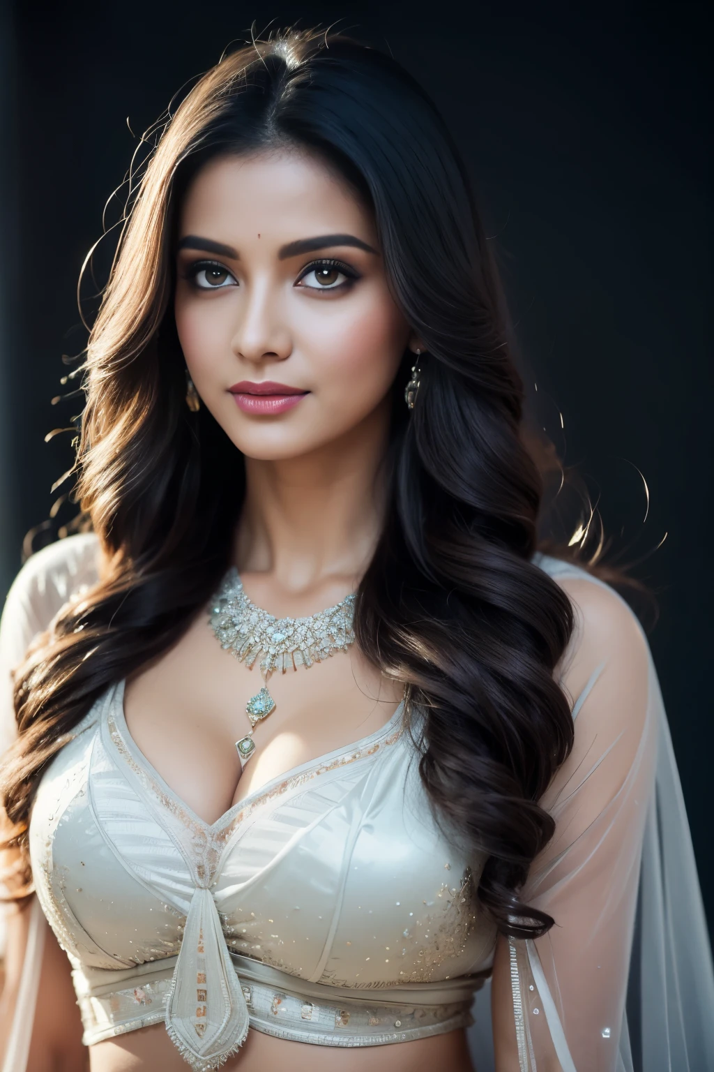 portrait of A confident-looking Bangladesh woman princess with long flowing hair, hazel eyes, with see-through tshirt, a smile on the face, royal and lusty look, red bindi, standing in cricket stadium, c-cup breast, perfect composition, hyperrealistic, super detailed, 8k, high quality, trending art, trending on artstation, sharp focus, sexy photo, intricate details, highly detailed, art by Greg Rutkowski