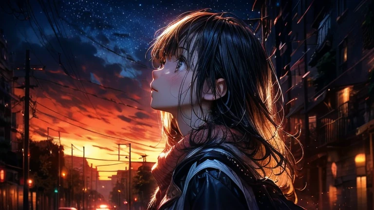 ((masterpiece, In 8K, High resolution, realistic)), (masterpiece, side light, fine and beautiful eyes: 1.2), ((Distant view)), Anime style, 1woman, anime characters in a scene with a sky background, your name movie style, Stills in TV anime, yourname, Night sky, starry night, moonlit night, (((looking away from camera))), (((Looking up at the night sky))), Calm, Soft dramatic lighting, depth of fields, Bokeh, vibrant detail, hyper realistic