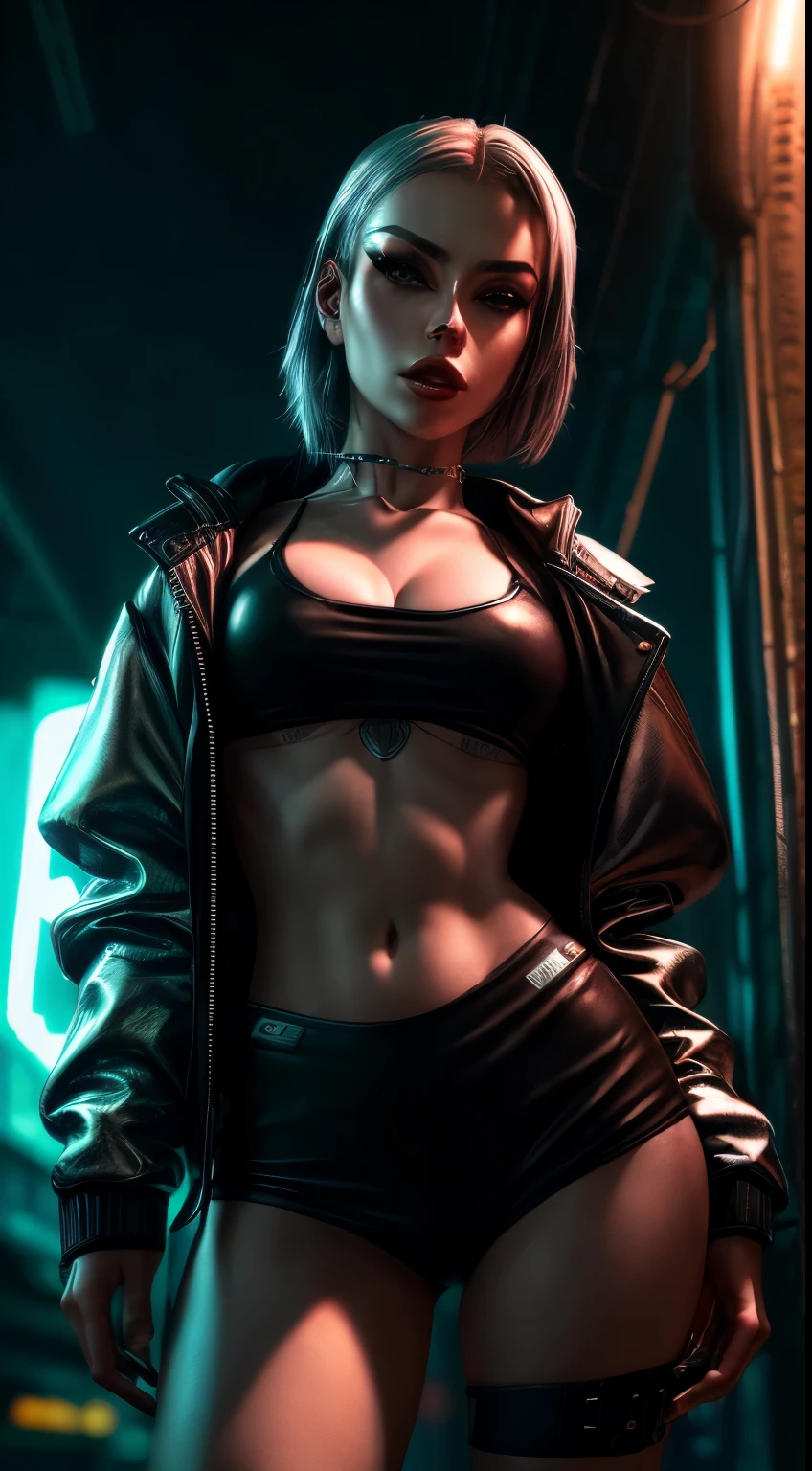 ((hyper realism)), photo realism , emmanorts as solo 1girl cyberpunk, in cyberpunk atmosphere, good lighting, torso shot, silver jacket, large breast, focus on face