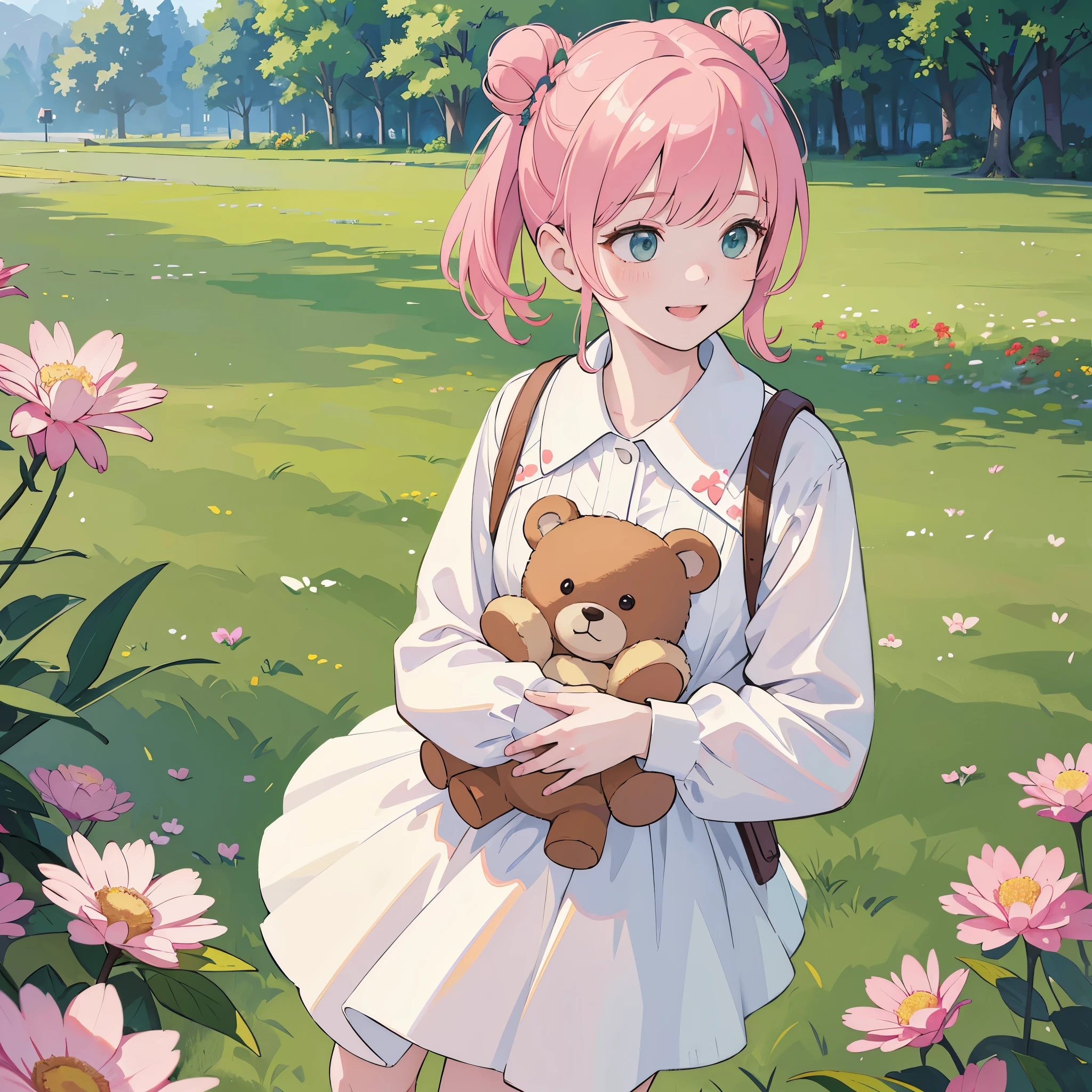 (best quality,4k,8k,highres,masterpiece:1.2),ultra-detailed,(realistic,photorealistic,photo-realistic:1.37),Illustration,Octane Render,morning park,a  walking with a teddy bear, the girl has a bun hairstyle and a smiling face, vibrant colors, soft sunlight, beautiful flowers, green grass, playful atmosphere, peaceful environment,detailed textures, vibrant colors, cute teddy bear outfit, joyful expression