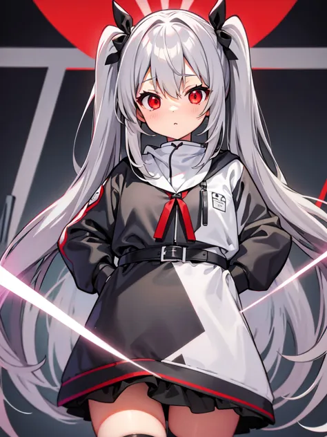 gray hair　long twin tails　red eyes　Milk