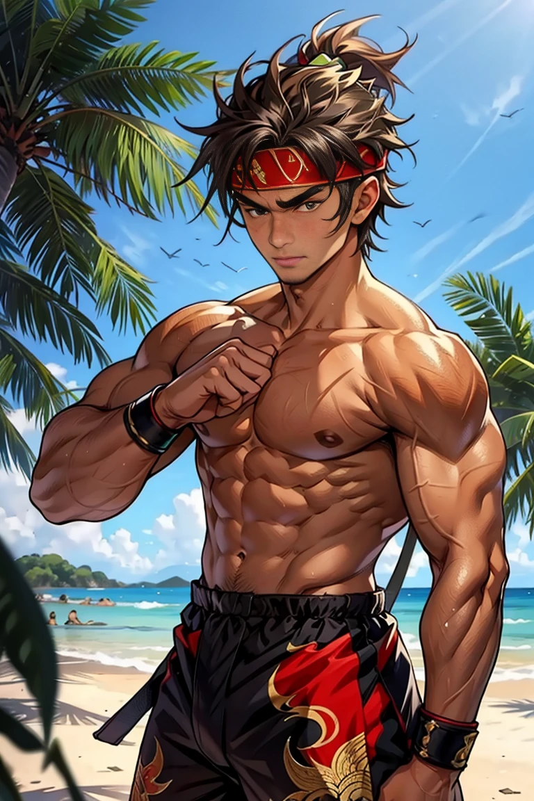 (Masterpiece, Best quality 16 year old boy，Shota), solo, Young, boy, Dark Short hair, full bodyesbian, Shirtless, topless, green headband, Vivid colors,(Depth of field:1.2),(Abs), view the viewer, black wristband, closed mouth, topless male, pale tanned skin with tight muscler body, Man with martial arts stance, epic muay thai pose