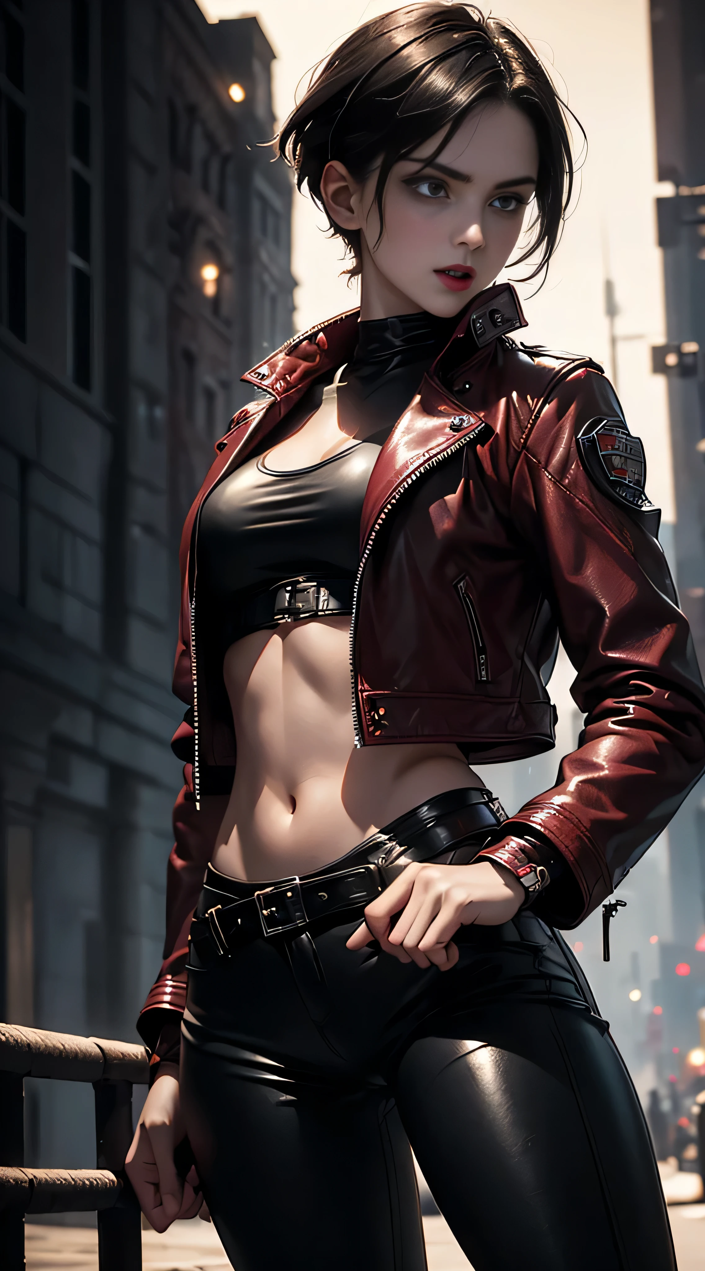 (A beautiful 25 years old British female vampire mercenary:1.4), (short wolfcut black hair:1.2), (pale skin), (detailed skin:1.2), (serious face), (wearing crimson leather jacket and black tight pants:1.4), (waist up shot:1.2), view from front, (dynamic action pose:1.2), (chiaroscuro lighting:0.8), (dark city at night:1.2), photo realism, intricate face detail, intricate hand details, highly detailed, vibrant colors, cinematic, 8k, trending on Artstation--style raw