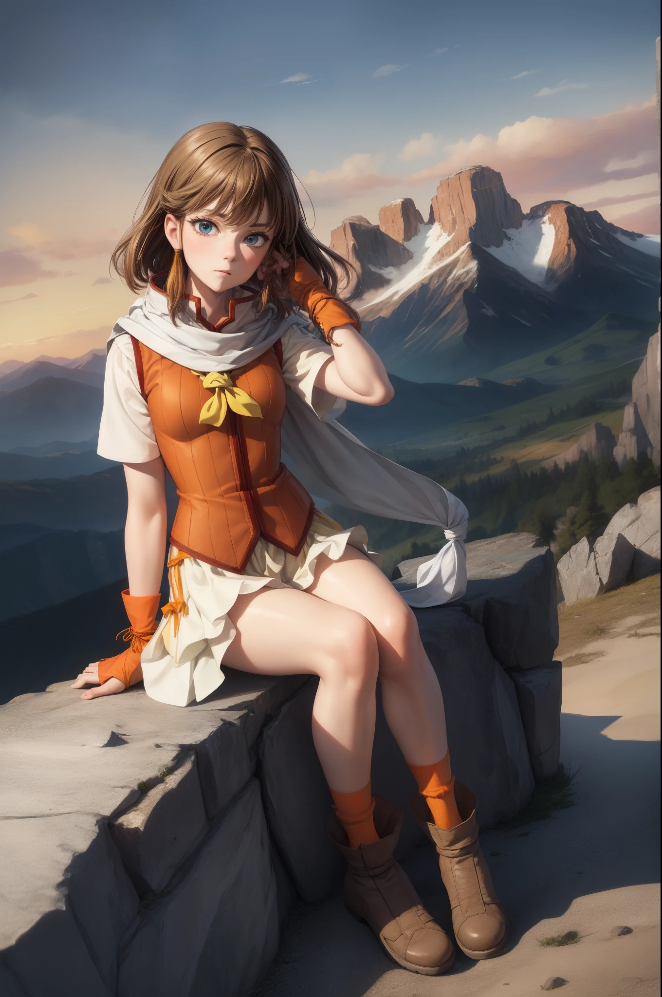 masterpiece, best quality, feMist, white scarf, orange vest, yellow dress, orange socks, boots, mountains, hills, rock formations, looking at viewer, serious expression 