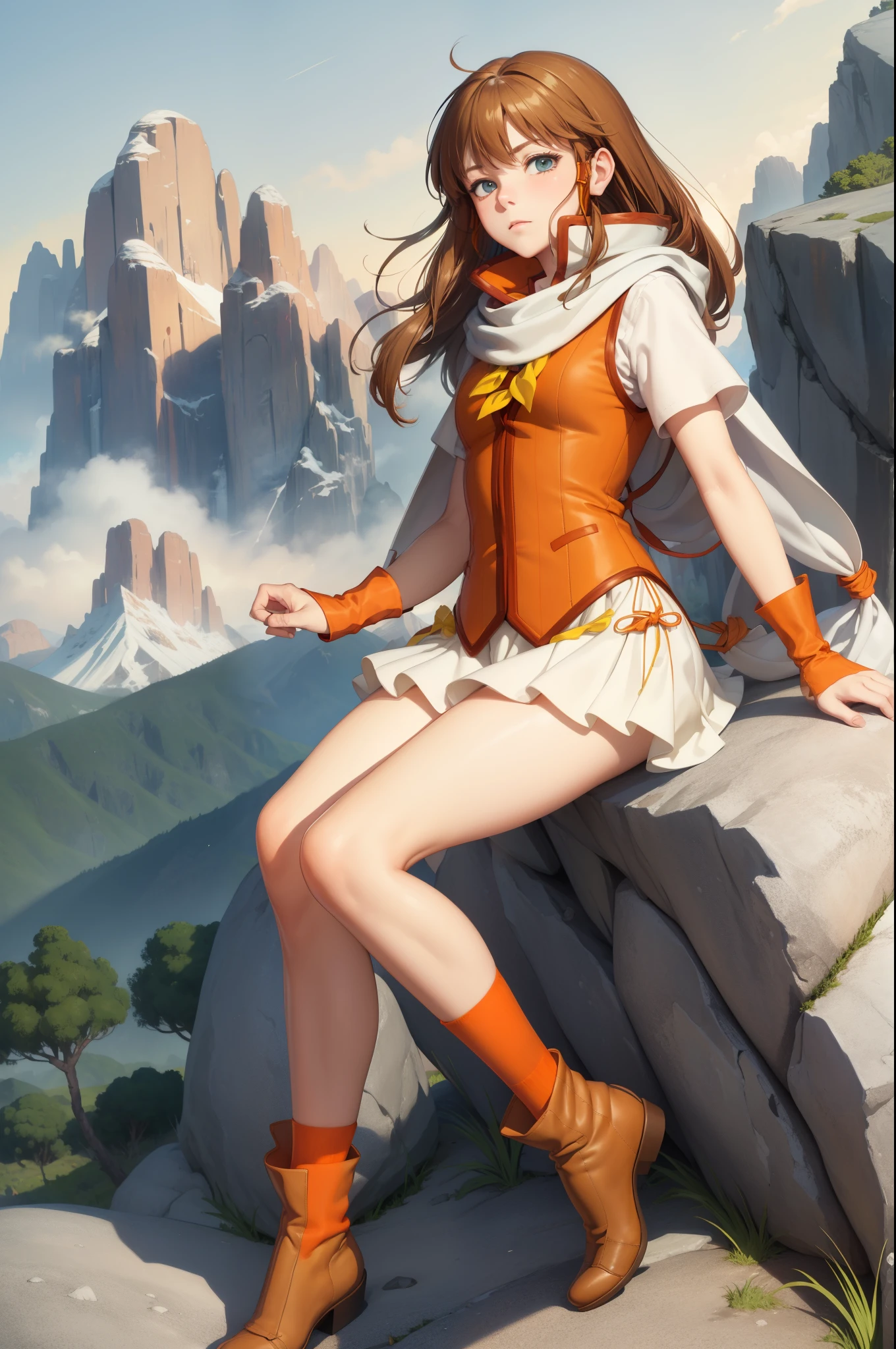 masterpiece, best quality, feMist, white scarf, orange vest, yellow dress, orange socks, boots, mountains, hills, rock formations, looking at viewer, serious expression 