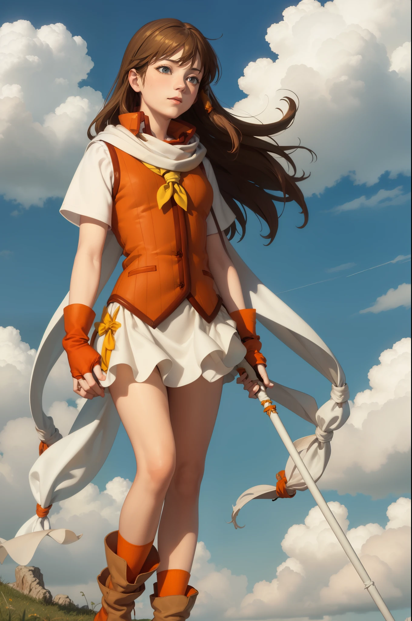 masterpiece, best quality, feMist, white scarf, orange vest, yellow dress, fingerless gloves, orange socks, boots, holding staff with both hands, sky, field, clouds, upper body, cowboy shot