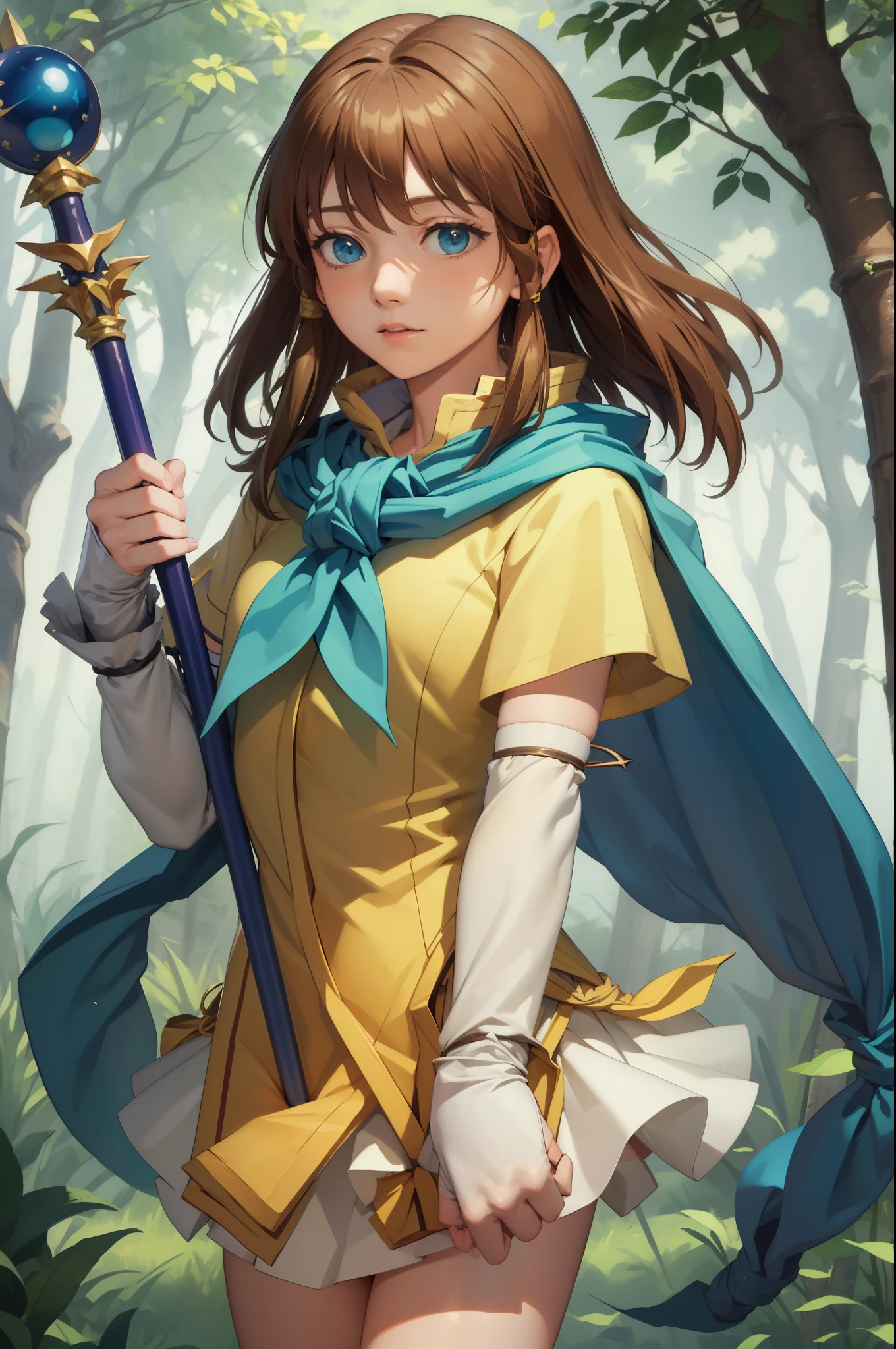 masterpiece, best quality, feMist, blue capelet, yellow shirt, arm warmers, pleated skirt, upper body, looking at viewer, dense forest, holding a wizard's staff