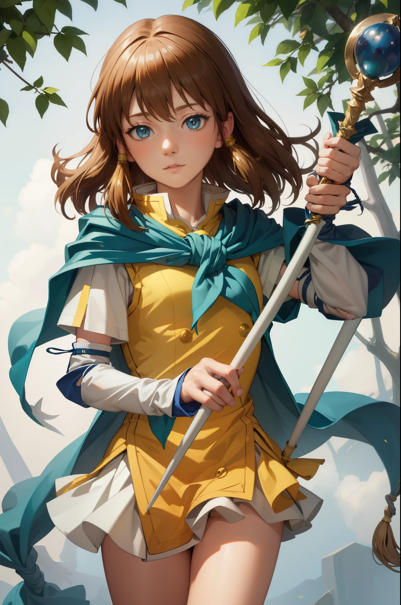 masterpiece, best quality, feMist, blue capelet, yellow shirt, arm warmers, pleated skirt, upper body, looking at viewer, dense forest, holding a wizard's staff