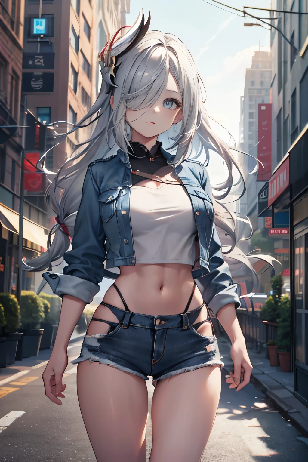 ShenheV4, (Shenhe wearing denim jacket), black top, denim jeans, (solo:1.1), (mature woman:1.2), beautiful face, (detailed eyes), symmetric eyes, (thin lips), (long hair, grey hair, braid, hair over one eye, hair ornament), (beautiful round breasts), voluptuous body, abs, bare belly, slim waist, (masterpiece, best qualty), soft ambient lighting, standing, front view, city street background, buildings, new york, vivid colors, sunny day, blue sky, looking at the viewer, slim waist, HD, 8K, vivid colors, intricate, (absurdres:1.2), blurry_background, bokeh, (sharp focus) ((detailed face)), facial details, (pov thighs)