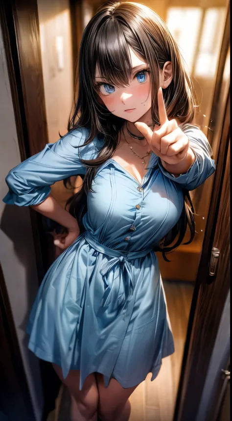 Anime style, There is a woman pointing at the camera with her finger, 30-years old, full body, large full breasts, scary angry pose, Golden hair, Long hair, Blue eyes, Wearing a light blue dress, Anime style, pointing at camera with finger, Smaller chest, ...