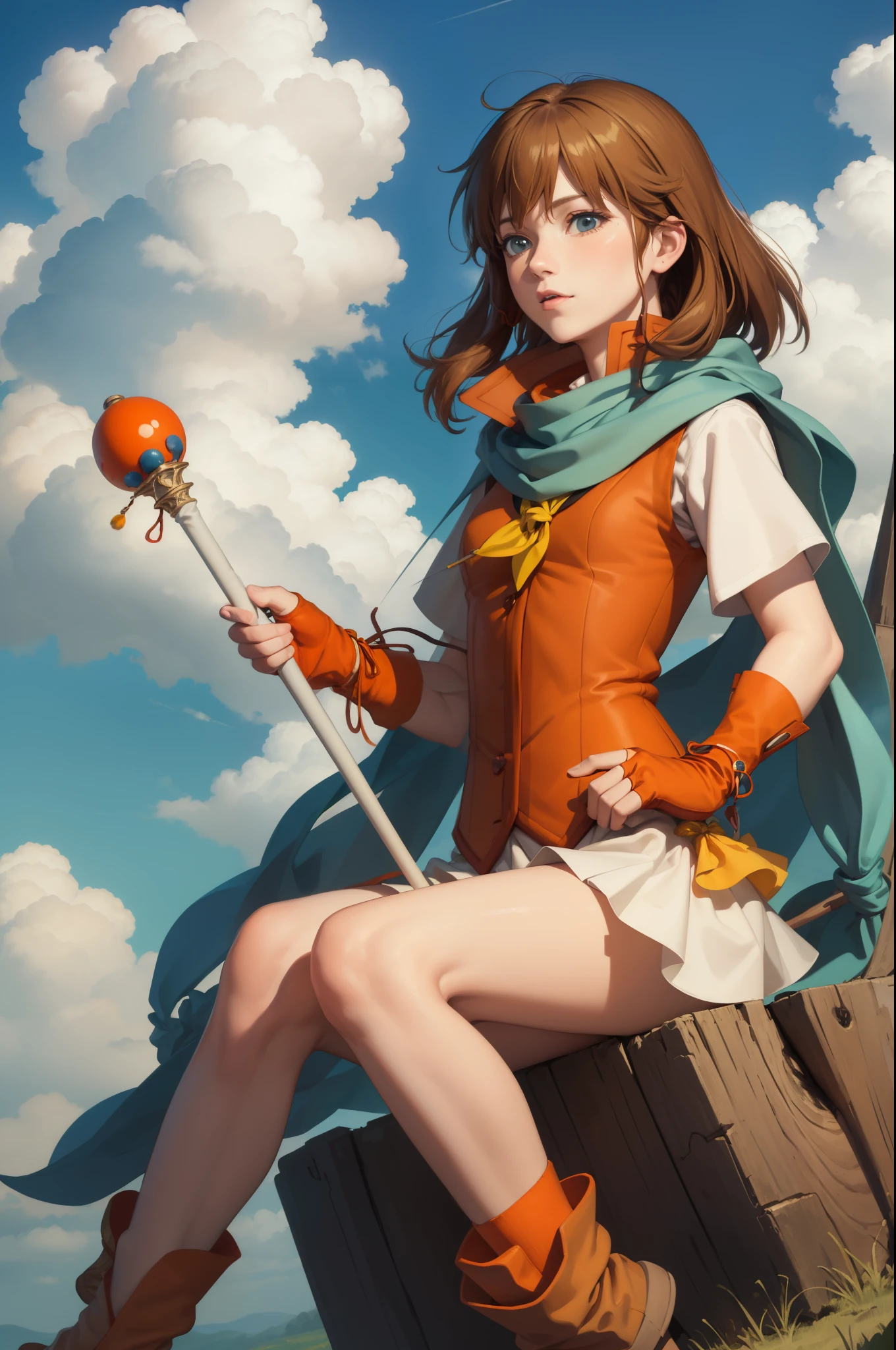 masterpiece, best quality, feMist, white scarf, orange vest, yellow dress, fingerless gloves, orange socks, boots, holding staff with both hands, sky, field, clouds, upper body, cowboy shot