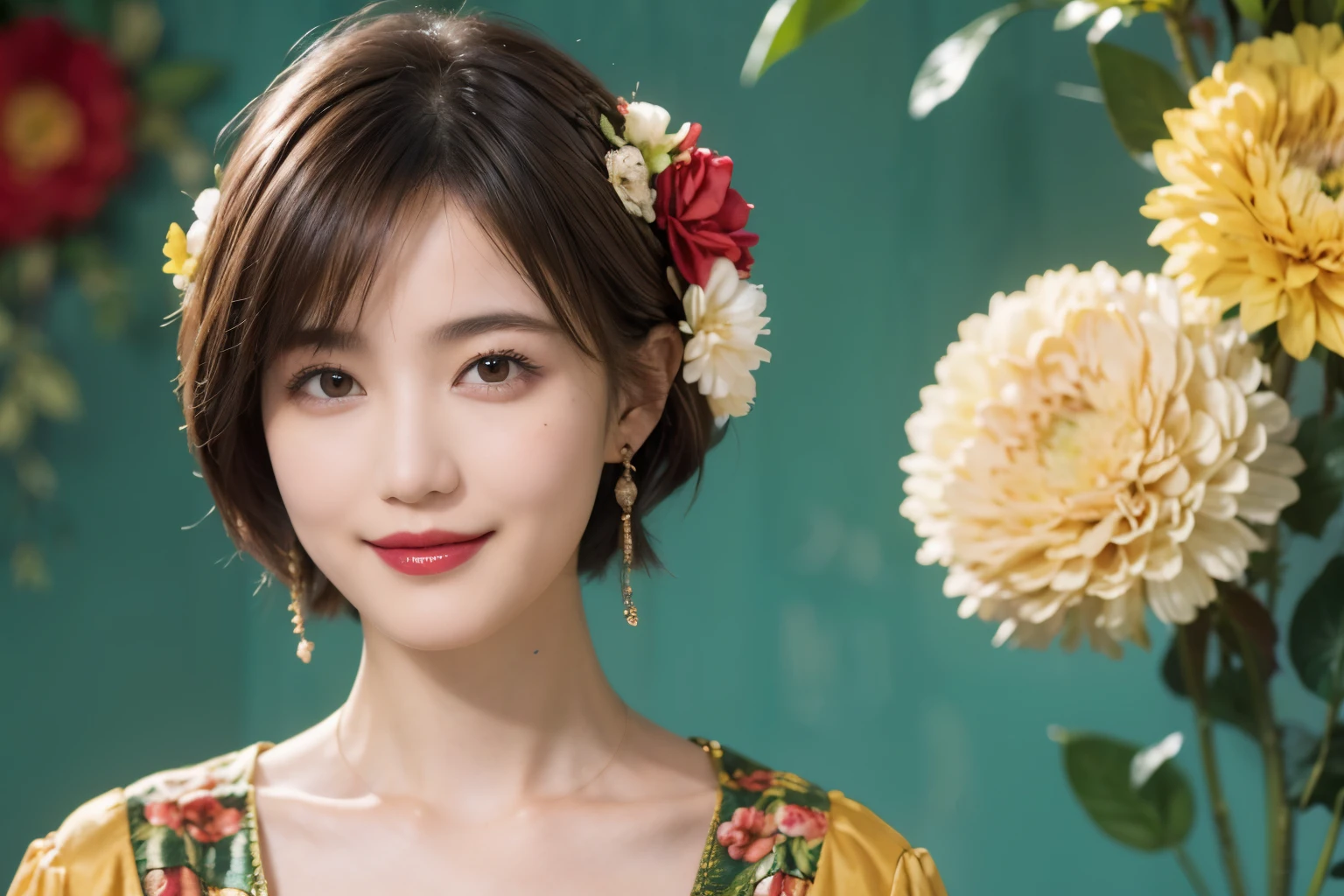 148
(20 year old woman,Floral costume), (surreal), (High resolution), ((beautiful hairstyle 46)), ((short hair:1.46)), (gentle smile), (breasted:1.1), (lipstick)
