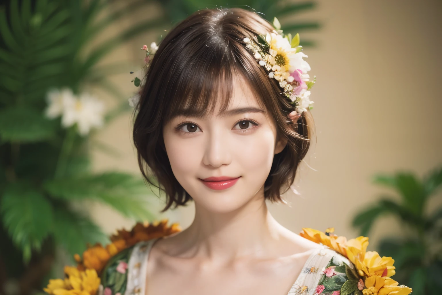 148
(20 year old woman,Floral costume), (surreal), (High resolution), ((beautiful hairstyle 46)), ((short hair:1.46)), (gentle smile), (breasted:1.1), (lipstick)
