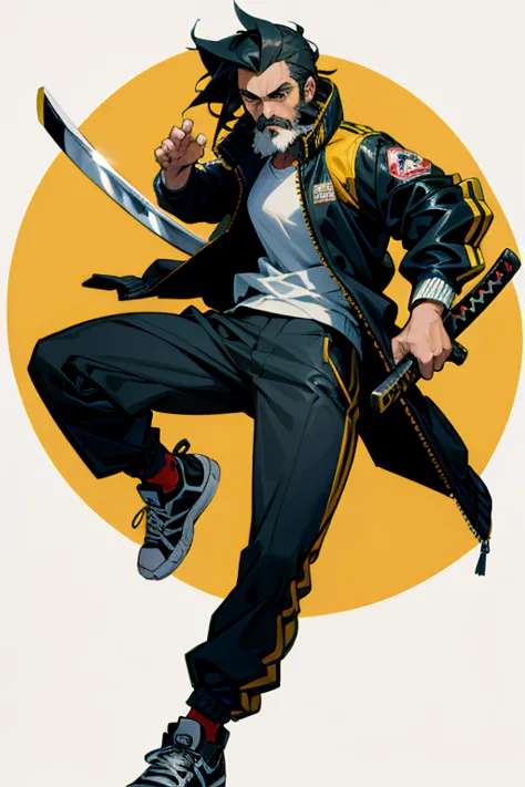 spanish man with beard and katana blade wearing a bomber jacket and sneakers