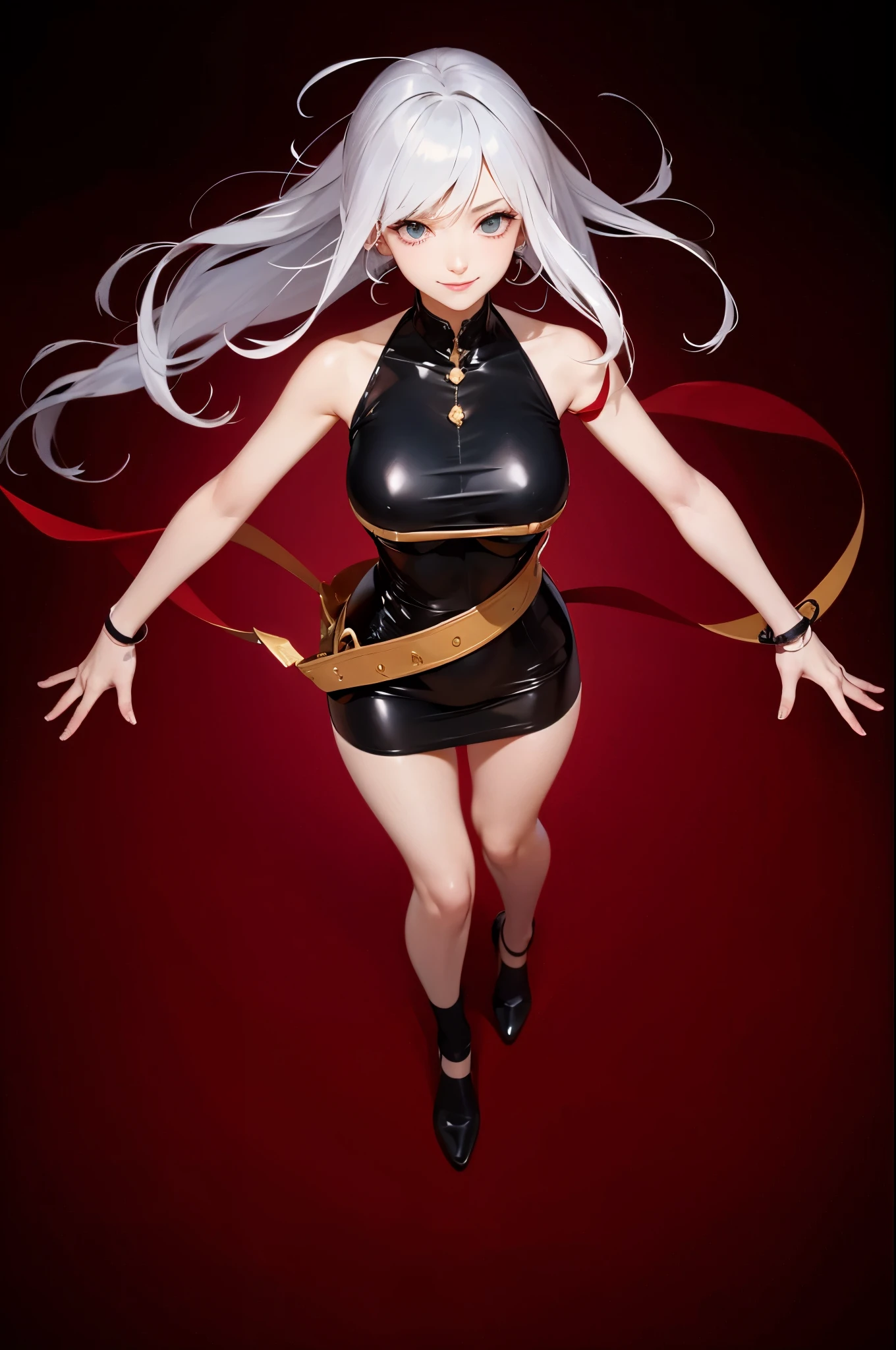 female, middle in the air, white hair, black sclerared, red iris, black one piece dress, big chest, sexy, smile evil,