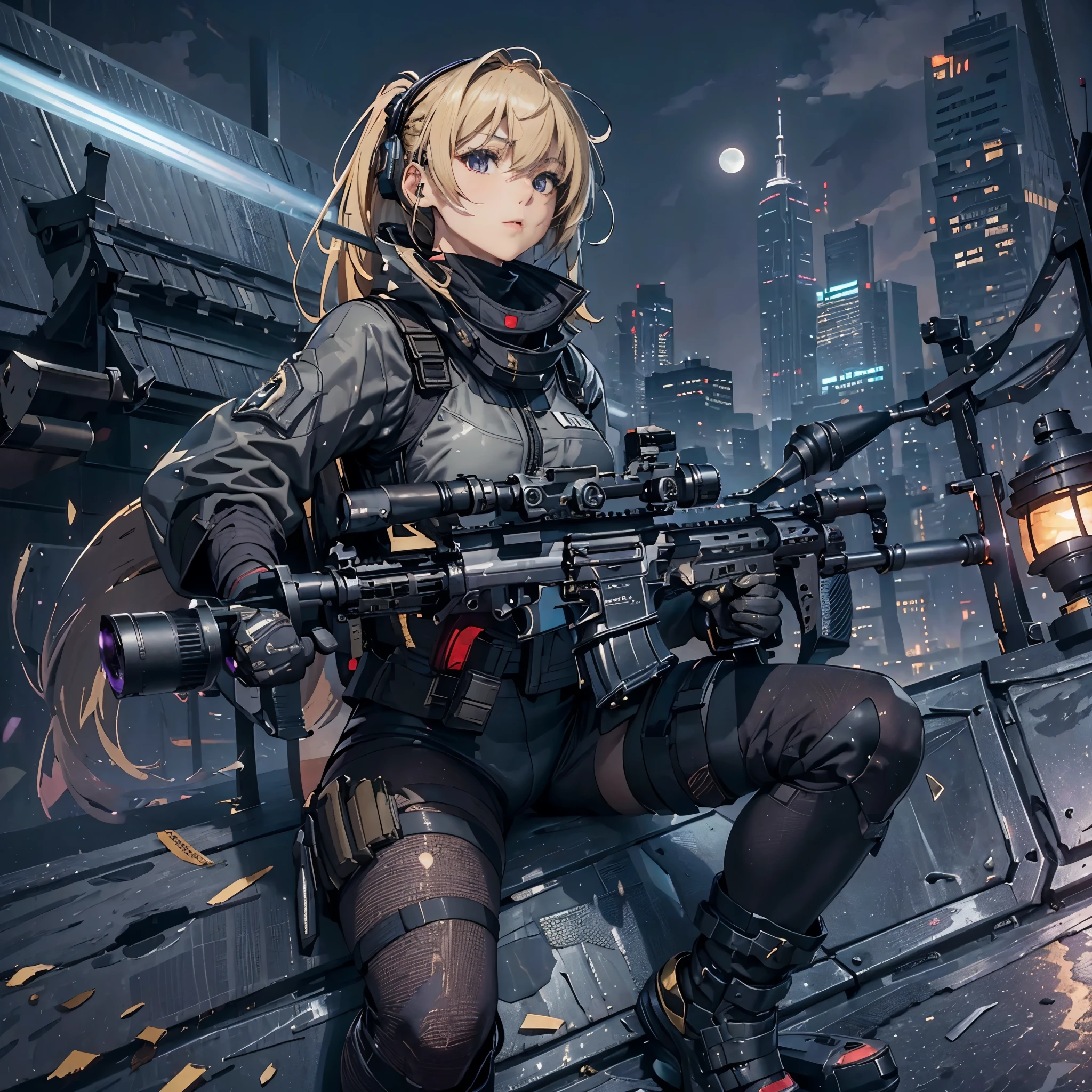 (femme soldat entraînée、Belle fille)、（Image GANTZ:1.3）((Visez et tirez avec votre fusil:1.4、Position de tireur d&#39;élite accroupi:1.4、pistolet、H&KHK416))、1 femelle、corps épais、(vêtements cyber-tech noirs、collants camouflage:1.2)、( Cheveux dorés、Cheveux blonds avec une couleur de maille violette:1.3)、((super haute résolution))、Écriture détaillée、chef-d&#39;œuvre、（style du milieu du jour.:1.2）la plus haute qualité、CG très détaillé、Qualité 8k、Éclairage cinématographique、reflet、casser.(Toit de gratte-ciel la nuit:1.4)、Hyper détail、((Prises de vue de buste à angle dynamique:1.4))、詳細な近未来pistolet器の描写、Fusil avec des détails parfaits、Canon parfait qui ne se déforme pas、Combattant dans le ciel、（Angle réaliste、Un coup d&#39;œil dans la portée:1.3）casser、blonde avec une frange violette:1.4（particules de lumière autour:1.2）Avant l&#39;aurore（Soleil de l&#39;aube、Avant l&#39;aurore、aube.Belle Lune Rouge、météores:1.6）