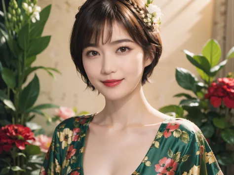 148
(20 year old woman,floral costume), (surreal), (high resolution), ((beautiful hairstyle 46)), ((short hair:1.46)), (gentle s...