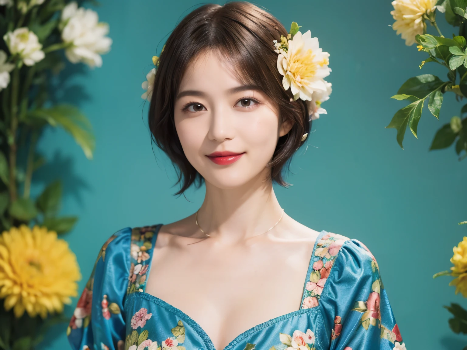 148
(20 year old woman,Floral costume), (surreal), (High resolution), ((beautiful hairstyle 46)), ((short hair:1.46)), (gentle smile), (breasted:1.1), (lipstick)
