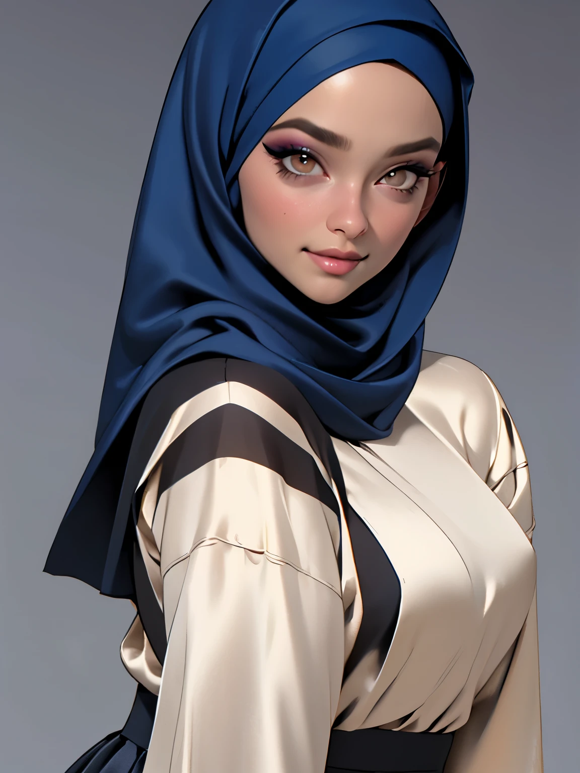 3dmm style, (Masterpiece), realistic, best quality, best lighting, beautiful mature woman, 1 girl photo solo, beautifully makeup, eyeshadow, Parted Lips, Detailed Eyes, ((beautiful big brown eyes)), long eye lashes, dimples on the cheeks, smile, wearing ((Dark blue satin hijab)), loosely tide hijab style, ((gray satin shirt and satin long skirt)), (Close-up portrait), Front view, Symmetric Centre, facing the viewer, gray background.