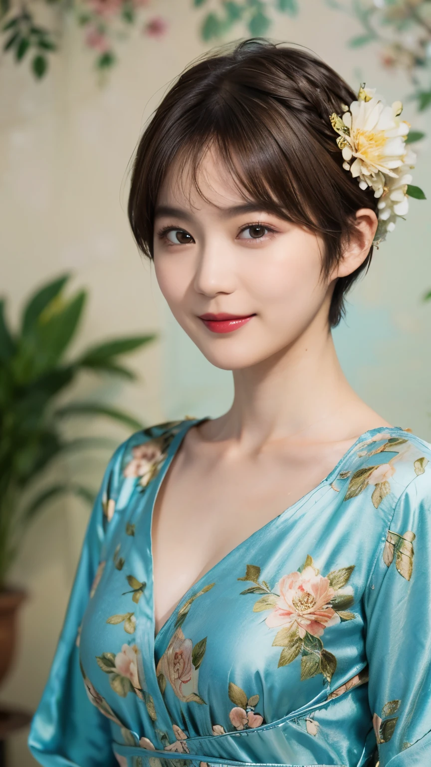 148
(20 year old woman,Floral costume), (surreal), (High resolution), ((beautiful hairstyle 46)), ((short hair:1.46)), (gentle smile), (breasted:1.1), (lipstick)
