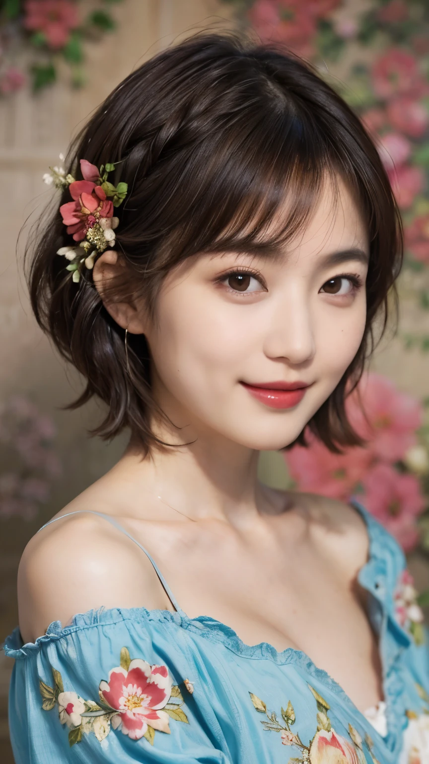 148
(20 year old woman,Floral costume), (surreal), (High resolution), ((beautiful hairstyle 46)), ((short hair:1.46)), (gentle smile), (breasted:1.1), (lipstick)
