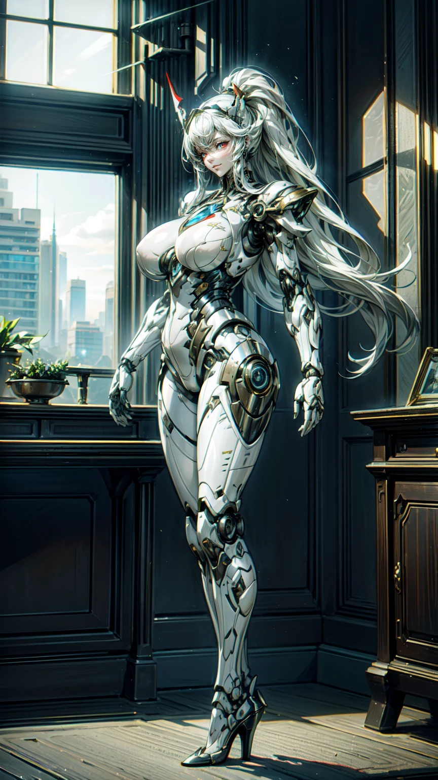 A beautiful mechanical girl，futuristic style，cyberpunk，Science fiction works，Beauty，tall，Perfect mechanical body，Intricate white mechanical bodysuit，sense of the future，science fiction style，（Black mechanical body：1.3），black manipulator臂，black manipulator，Mechanical neck，Mechanical details，Metallic luster，Mechanical chest，Plump breasts，Plump buttocks，black high heels，sexy，grace，noble，Temperament，long white hair，red eyes，finely quality eyes，beautiful face，Smile，（full body portrait：1.5），indoor，Modern bedroom，glass window，blue sky，Baiyun，sunny，City，high-rise buildings，perfect details，Ray tracing，8K，highest resolution，work，highest quality，Detailed background portrayal，Exquisite illustrations，exquisite CG，Soft picture