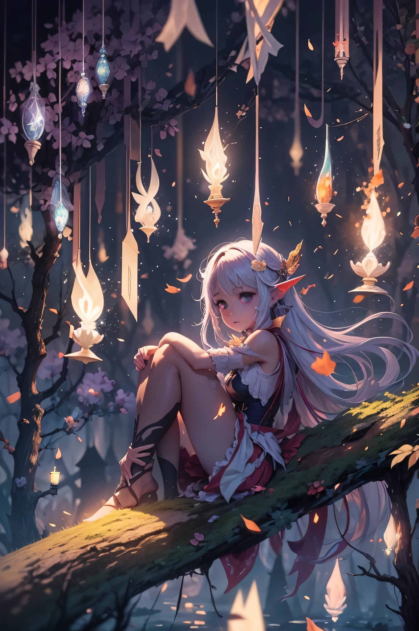 （（shot from a far distance）），（Shadow elf decorated with streamers and fireflies），（（Bonfires and shining ores on dark nights&Wind blowing effect&floating flames）），（girl），（soft light lighting），official art，（wallpaper design）