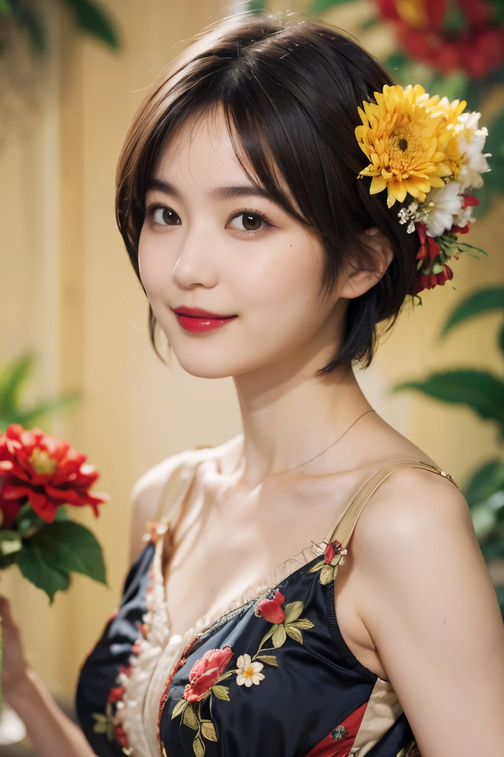 148
(20 year old woman,Floral costume), (surreal), (High resolution), ((beautiful hairstyle 46)), ((short hair:1.46)), (gentle smile), (breasted:1.1), (lipstick)
