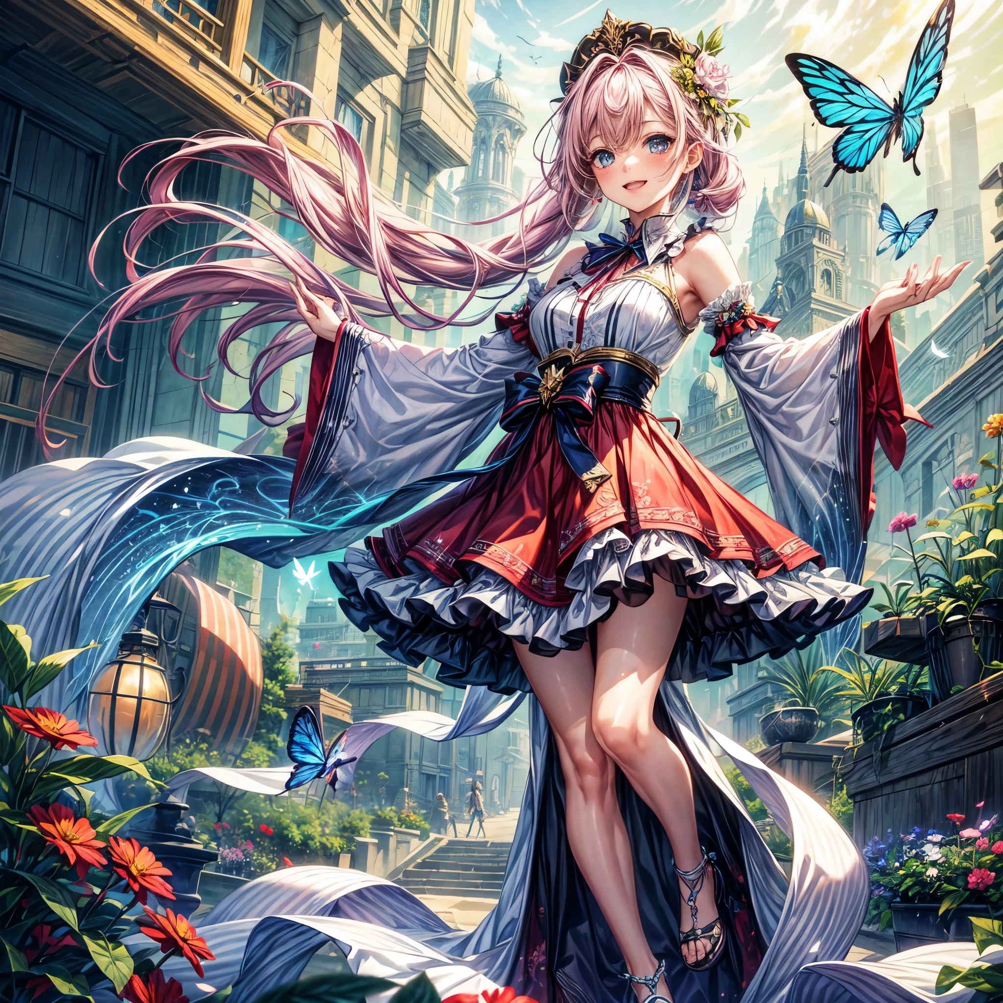 (best quality, 8k, masterpiece:1.2, nsfw ), Cutest,Cute girl, mesugaki, Beautiful face, Beautiful eyes, Beautiful hair, Light pink hair, Lots of colorful flowers, sunshine, peaceful garden, summer dress, smiling, golden hour lighting, vibrant colors, happy and thankful expression,　
soft breeze, gentle makeup, freckles, blonde hair, flowing dress, pastel colorairytale atmosphere, fluttering butterflies, dreamy atmosphere), vivid greenery, smile, posing like an angel,