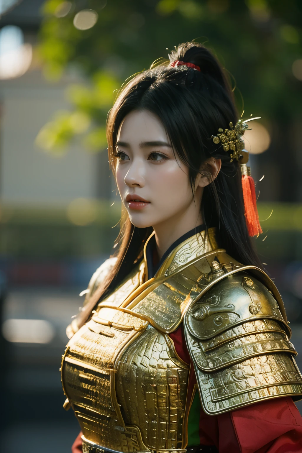 Game art，The best picture quality，Highest resolution，8K，(A bust photograph)，(Portrait)，(Head close-up)，(Rule of thirds)，Unreal Engine 5 rendering works， (The Girl of the Future)，(Female Warrior)， 
20岁少女，(The warrior in ancient China)，An eye rich in detail，(Big breasts)，优雅高贵，冷漠，(Brave)，
(Costumes of ancient Chinese characters，A random pattern of clothing，Ribbon，Joint Armor，Rich dress details，)中国人物，奇幻风格，
拍照姿势，野外背景，Movie lights，Ray tracing，Game CG，((3D Unreal Engine))，oc渲染反射纹