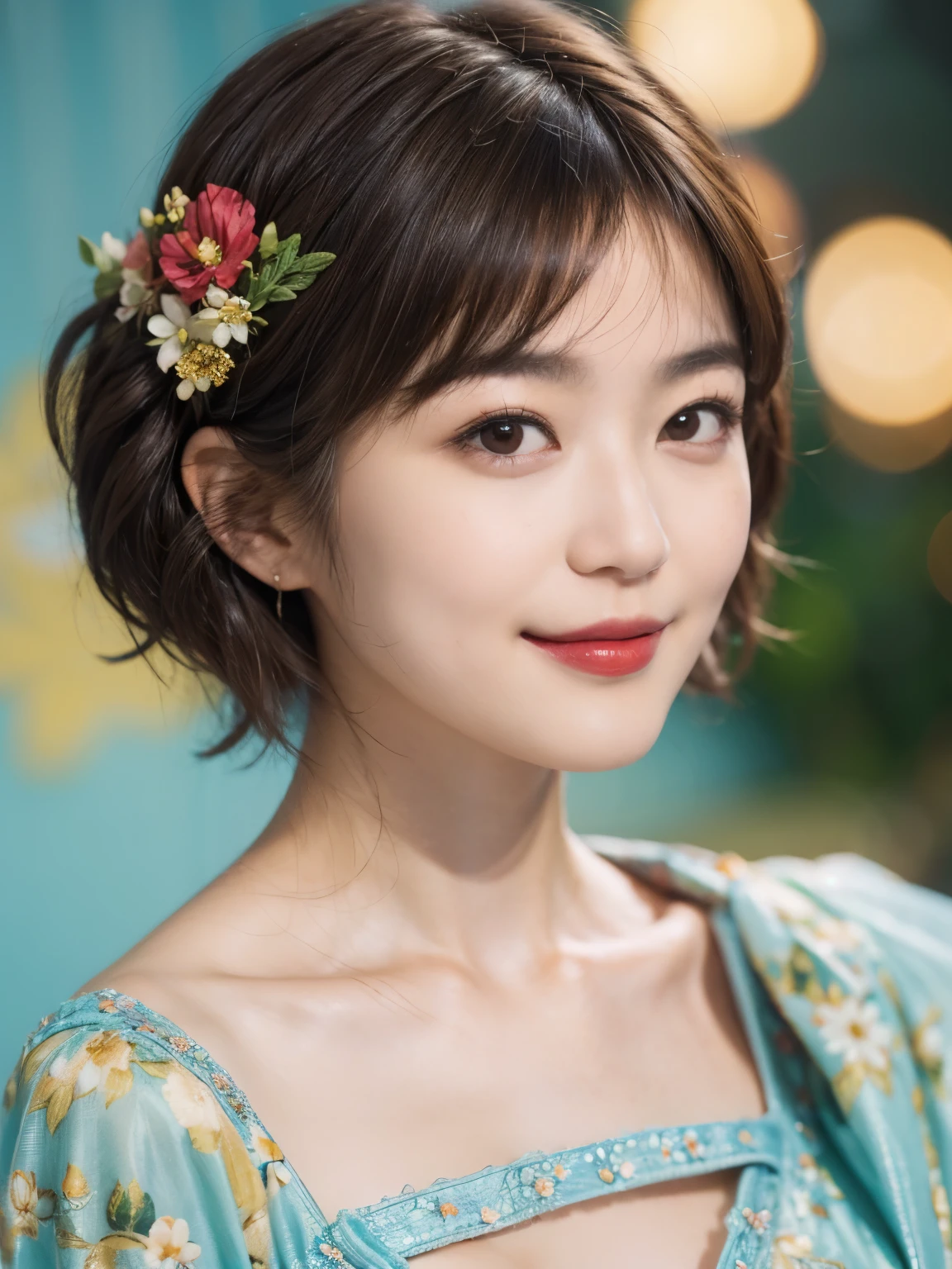 148
(20 year old woman,Floral costume), (surreal), (High resolution), ((beautiful hairstyle 46)), ((short hair:1.46)), (gentle smile), (breasted:1.1), (lipstick)
