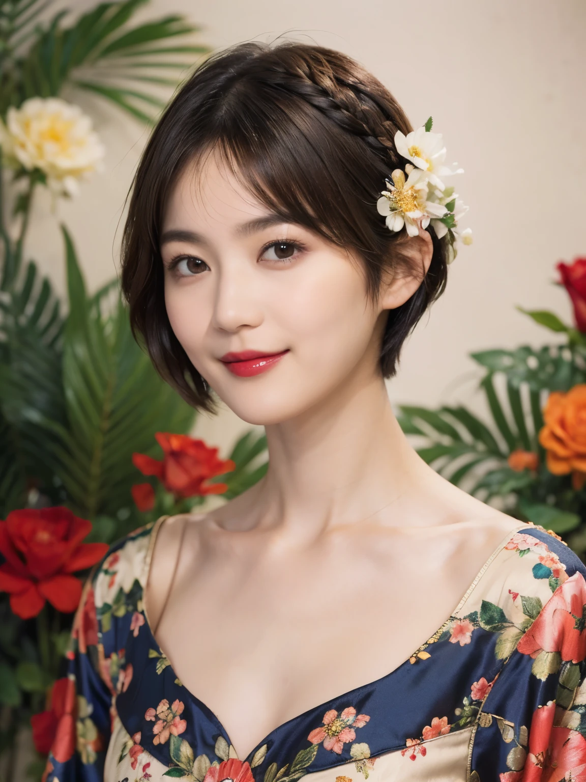 148
(20 year old woman,Floral costume), (surreal), (High resolution), ((beautiful hairstyle 46)), ((short hair:1.46)), (gentle smile), (breasted:1.1), (lipstick)
