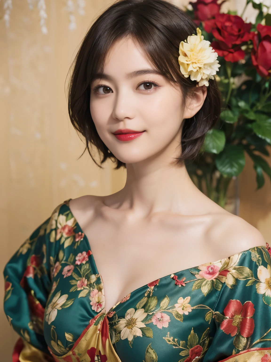 148
(20 year old woman,Floral costume), (surreal), (High resolution), ((beautiful hairstyle 46)), ((short hair:1.46)), (gentle smile), (breasted:1.1), (lipstick)
