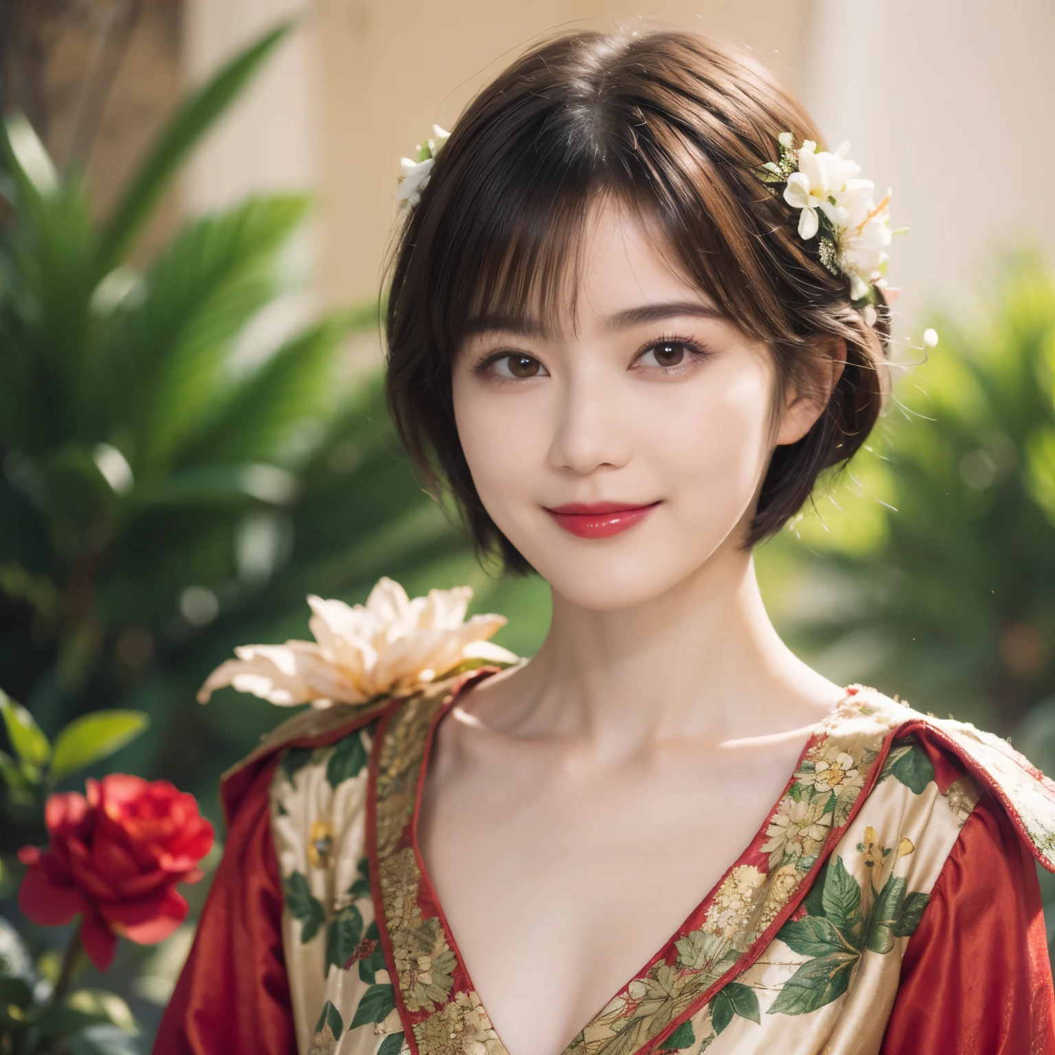 148
(20 year old woman,Floral costume), (surreal), (High resolution), ((beautiful hairstyle 46)), ((short hair:1.46)), (gentle smile), (breasted:1.1), (lipstick)
