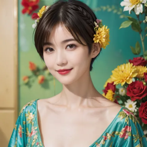 148
(20 year old woman,floral costume), (surreal), (high resolution), ((beautiful hairstyle 46)), ((short hair:1.46)), (gentle s...