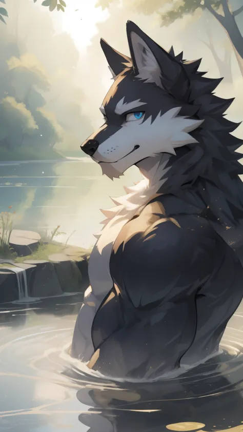 Masterpieces ,best quality ,Delicate face ,cute face ,Detailed eyes ,ultra detailed ,depth of field ,perfect lighting ,light particles ,vibrant color , sharp line art ,solo ,furry male wolf , Anthropomorphic black wolf ,teenaged, black body ,white belly ,b...