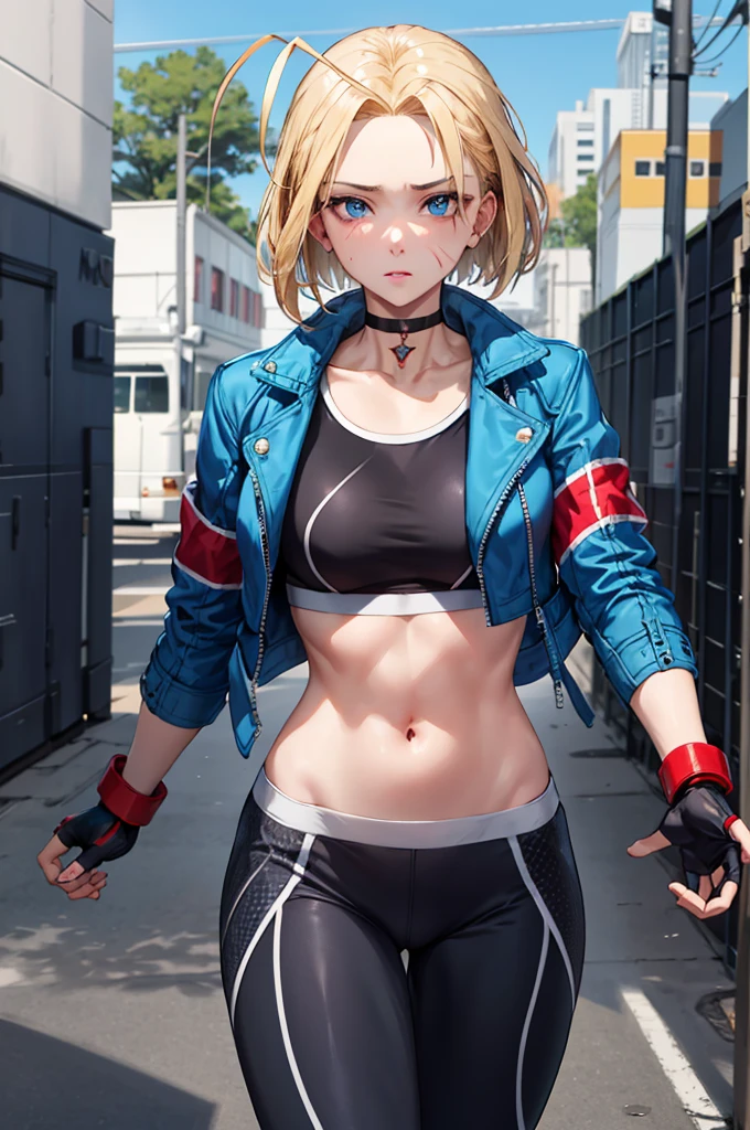 masterpiece, highest quality, High resolution, 1 girl, cammy white, short hair, antenna hair, blue eyes, Scar on left cheek, black choker, clavicle, blue jacket, cropped jacket, open jacket, play sports often, abdomen, fingerless gloves, black gloves, black pants, Kick it away,Awakened look,red shockwave,Hit me,Navel exposed